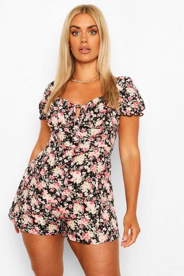 Black Plus Floral Print Ruched Sweetheart Romper