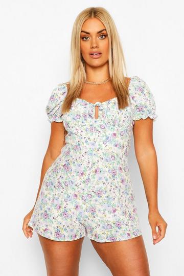 Ivory White Plus Floral Print Ruched Sweetheart Playsuit