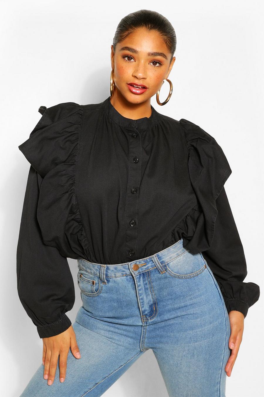 Black Plus Denim Ruffle Blouse image number 1