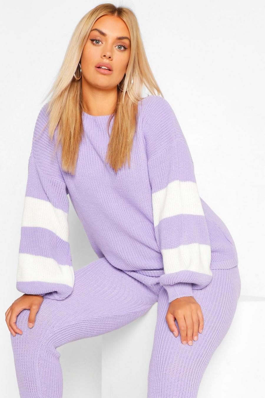 Lilac purple Plus Balloon Sleeve Stripe Knit Loungewear Set