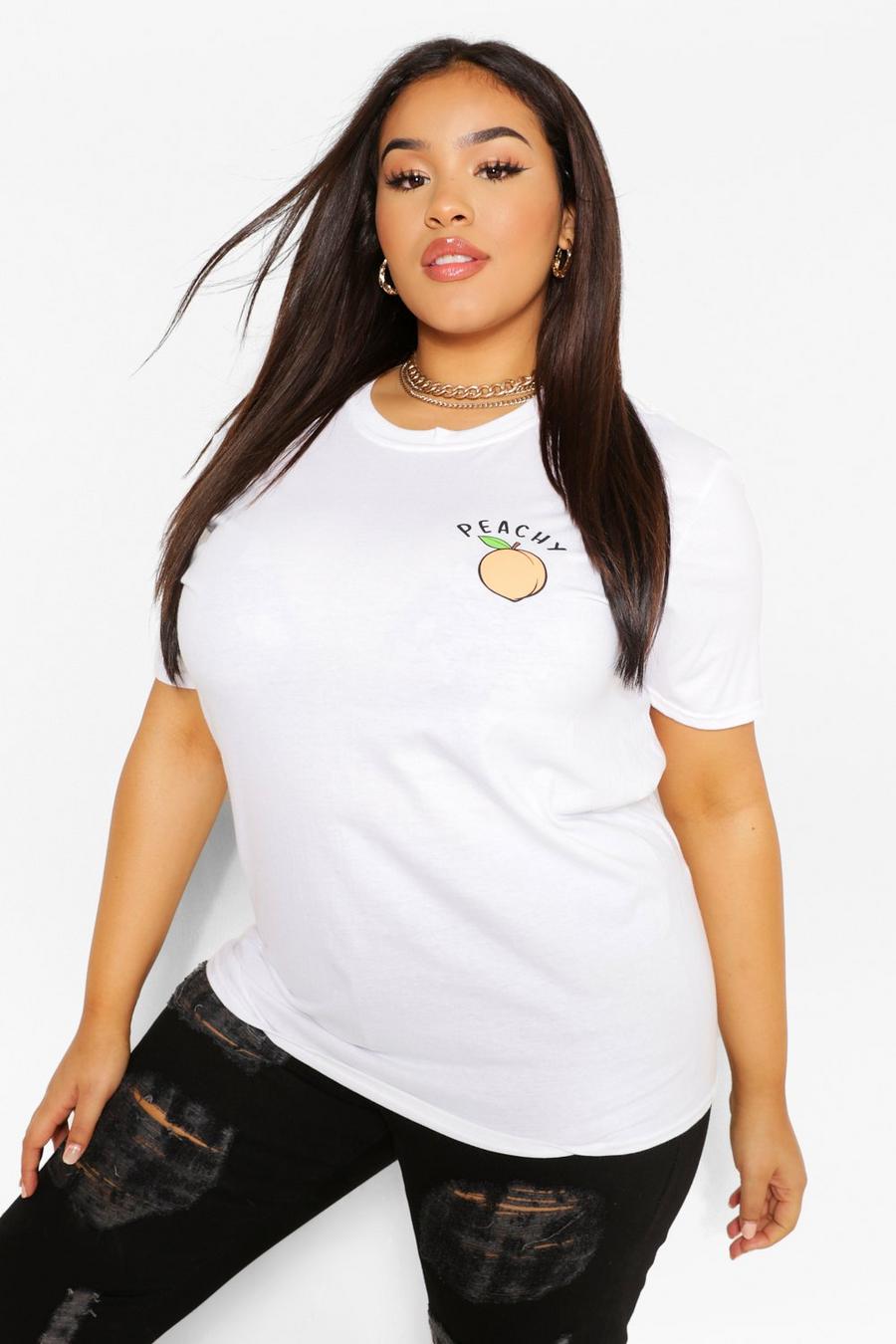 Plusmaat perzikkleurig T-shirt met zakje en print  image number 1