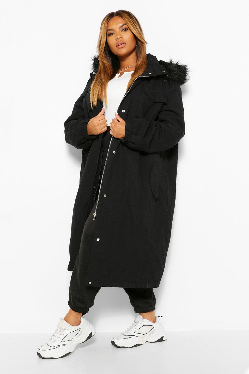 Women's Plus Faux Fur Trim Parka Coat