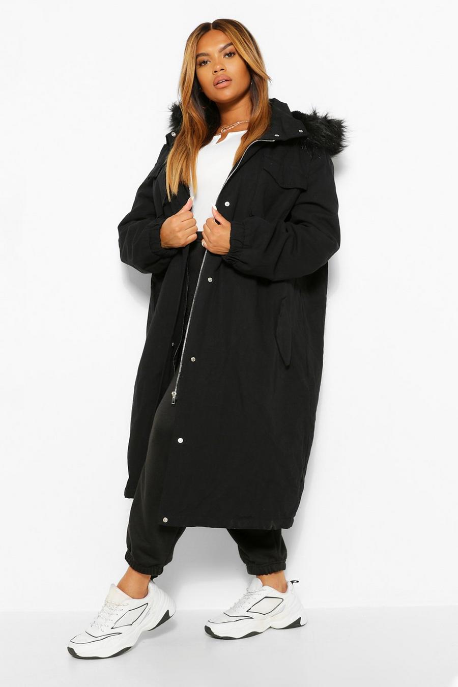 Black Plus Longline Faux Fur Trim Parka Coat