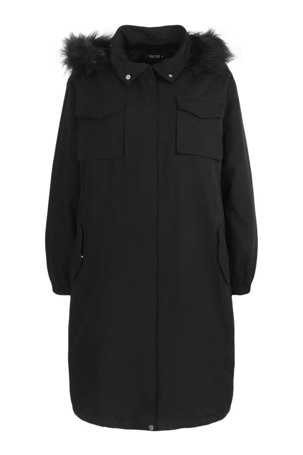 Boohoo black coat on sale with fur hood