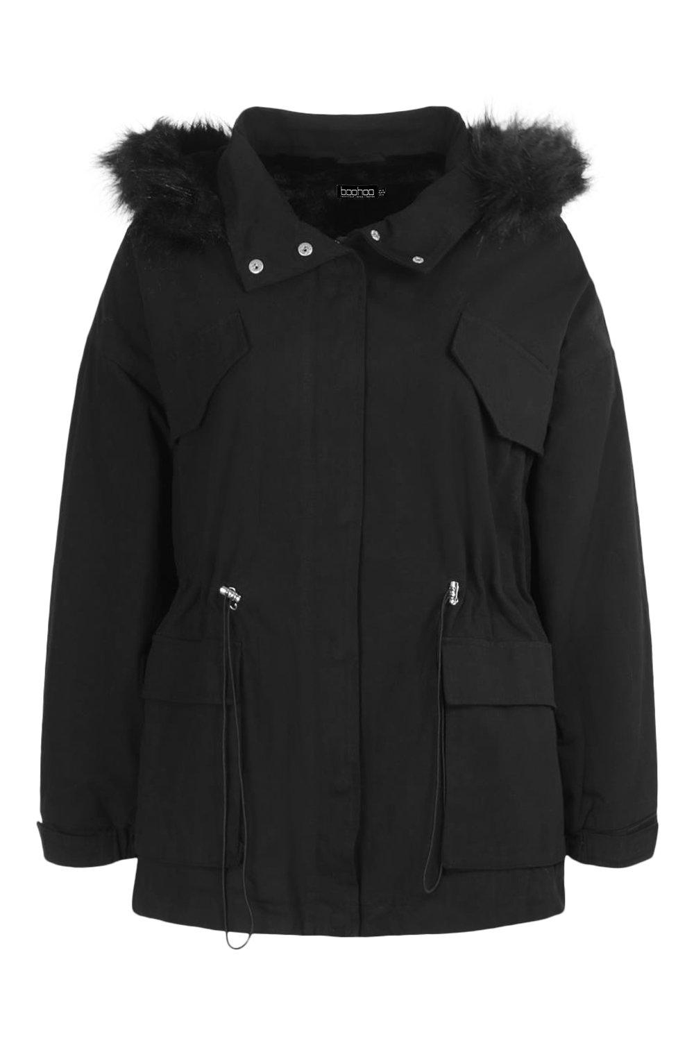 Black Faux Fur Lined Hooded Parka Jacket