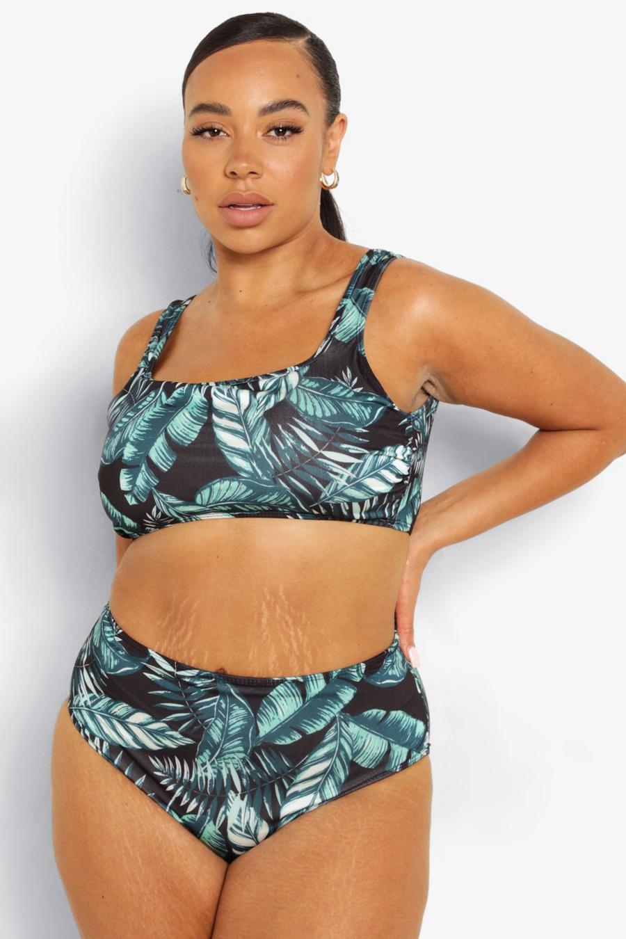 Plus Bikini mit hohem Bund und tropischen Print, Grün image number 1