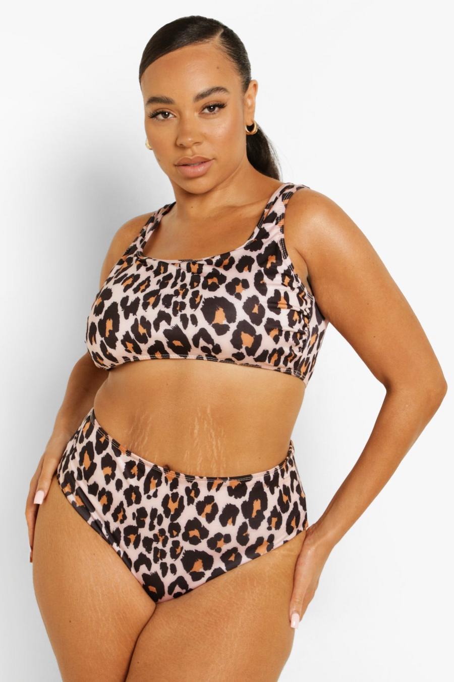 Plus Leopardenprint Triangle-Bikini mit hohem Bund, Braun image number 1