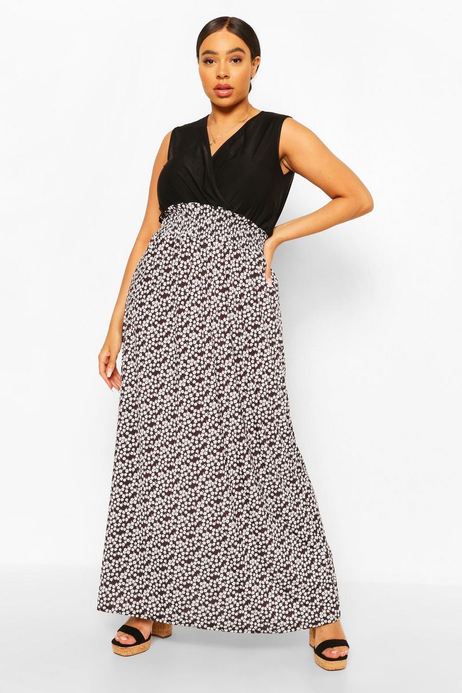 Zwart Plusmaat maxi-jurk met contrasterende excentrieke bloemenprint  image number 1
