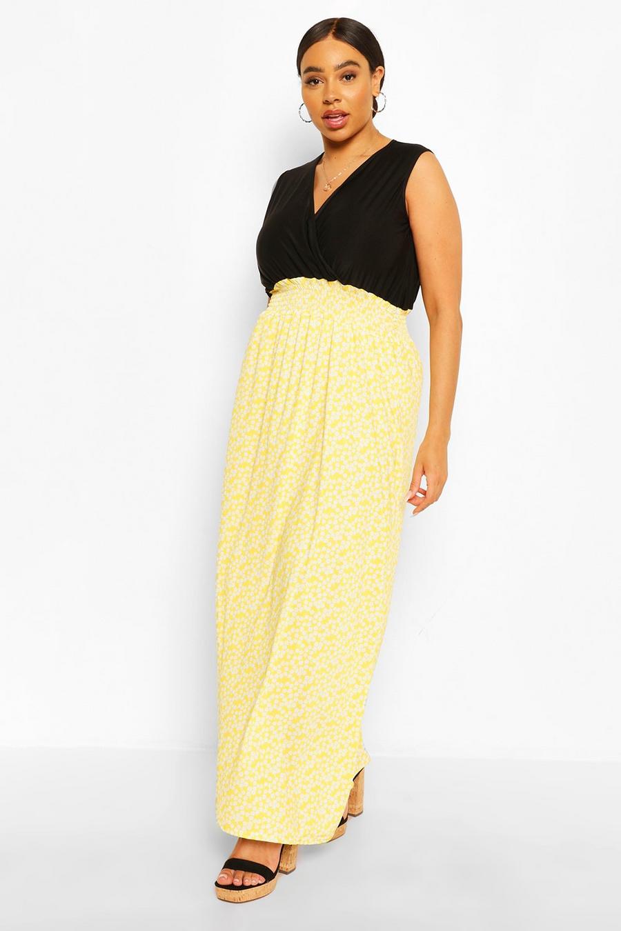 Yellow Plus Ditsy Floral Contrast Maxi Dress image number 1