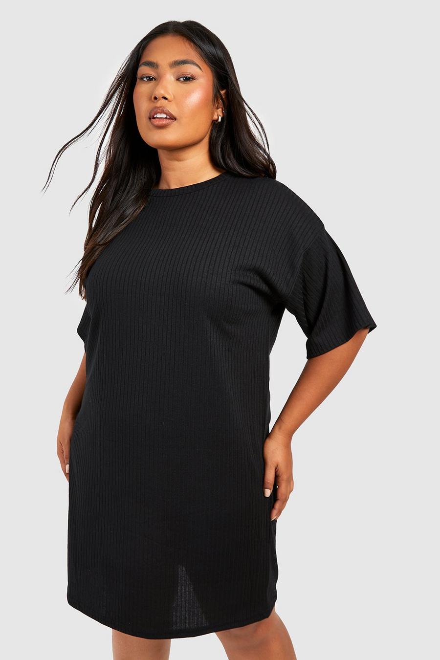 Plus Weich geripptes, schlichtes T-Shirt-Kleid in Übergröße, Black