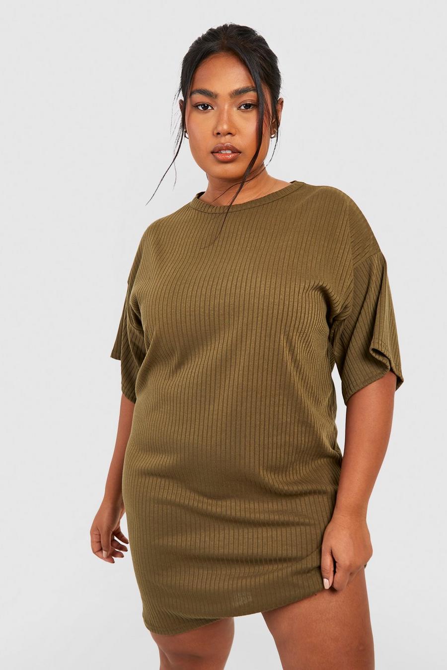 Vestido camiseta Plus básico oversize de canalé suave, Khaki
