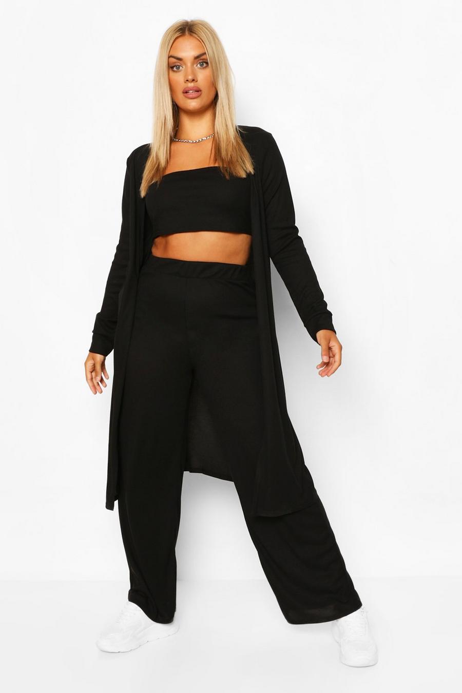 Black Plus Rib 3 Piece Duster Co-Ord image number 1