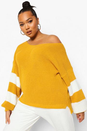 Mustard Yellow Plus V Neck Striped Sweater