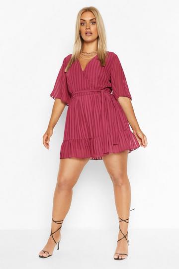 Plus Satin Stripe Ruffle Romper berry