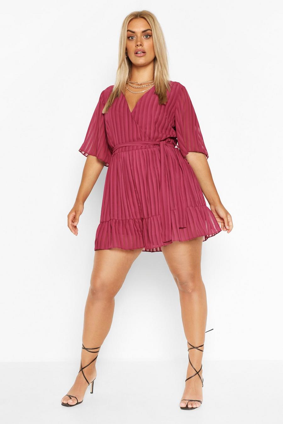 Berry red Plus Satin Stripe Ruffle Playsuit image number 1