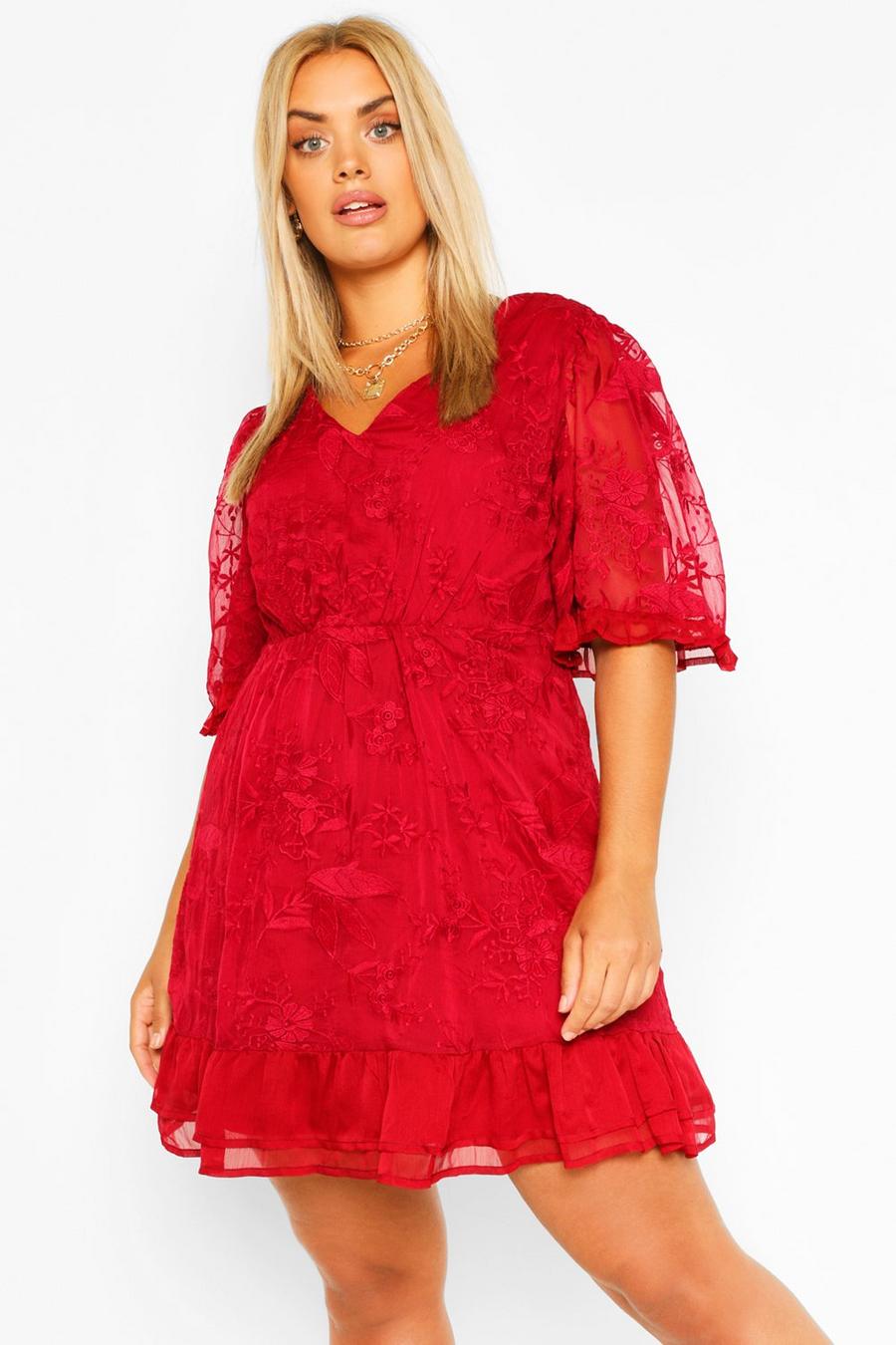 Berry Plus Lace Ruffle Chiffon Wide Sleeve Skater Dress image number 1