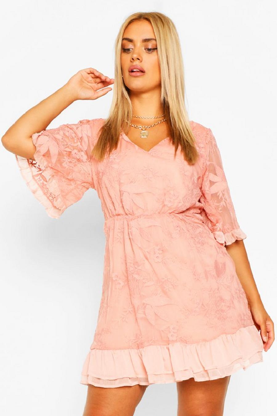 Blush pink Plus Lace Ruffle Chiffon Wide Sleeve Skater Dress image number 1