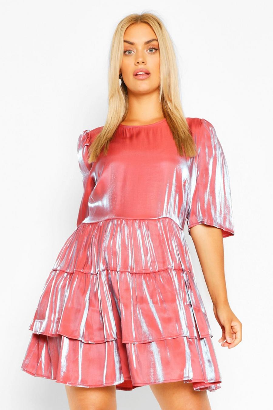 Berry Plus Satin Ruched Ruffle Skater Dress image number 1