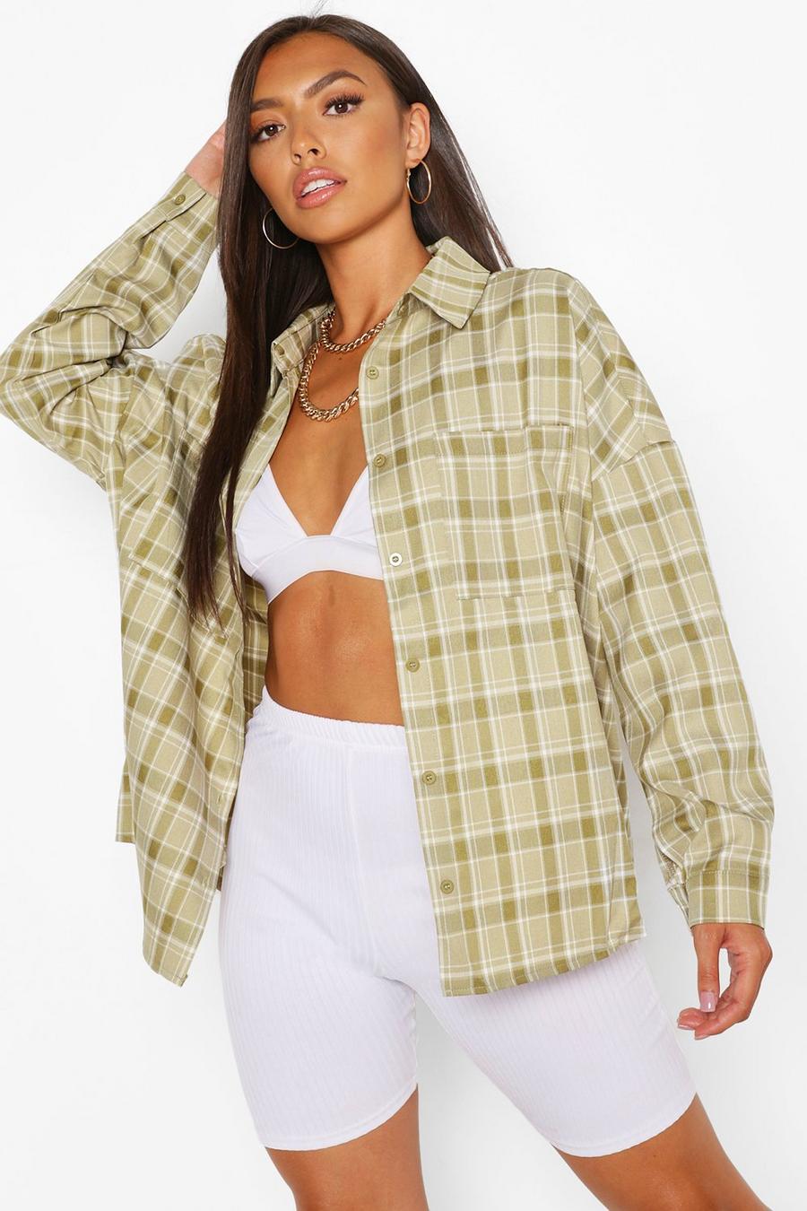 Olive Petite Oversized Check hoodies Shirt image number 1