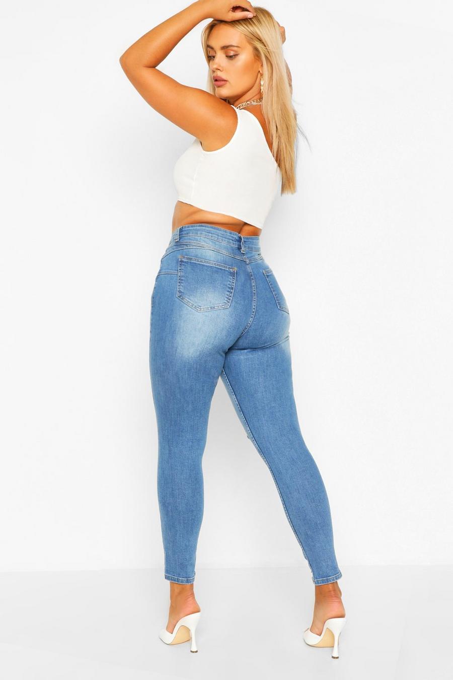Plus Poformende Mid-Rise Skinny-Jeans im Destroyed-Look, Blau image number 1