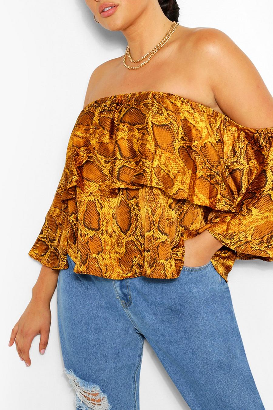Mustard yellow Plus Snake Print Off The Shoulder Top