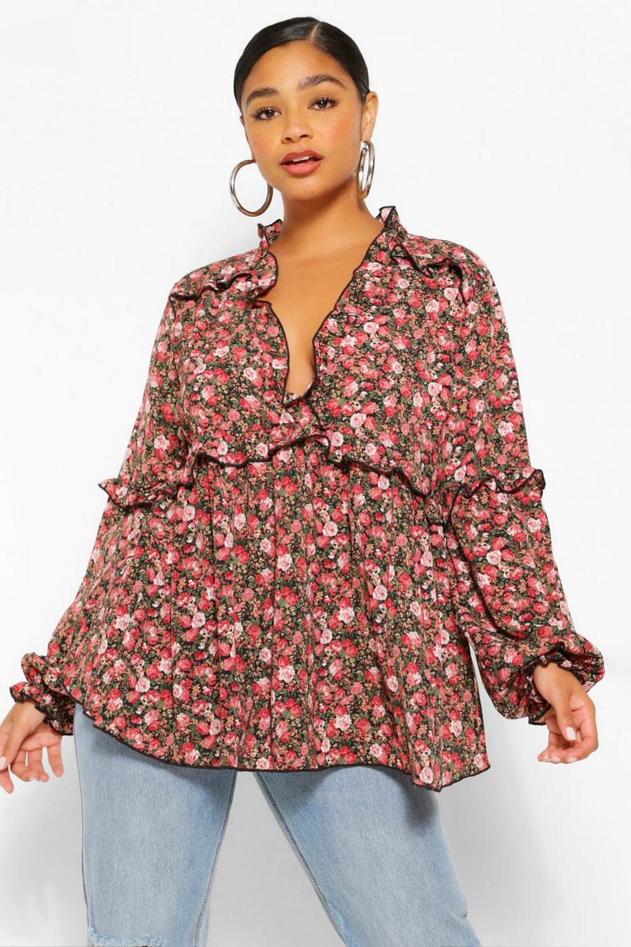 Pink Plus Floral Print Ruffle Detail Plunge Blouse image number 1