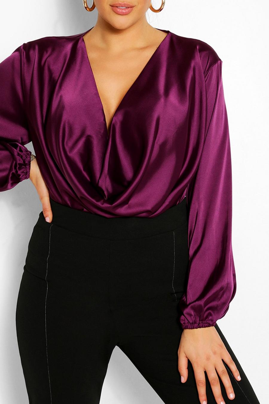 Purple חולצה אלגנטית מסאטן עם שרוולים ארוכים ומחשוף נשפך, במידות גדולות  image number 1