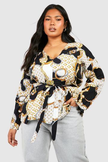 Plus Plunge Kimono Sleeve Tie Waist Top black