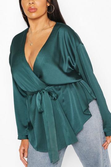 Plus Satin Wrap Top emerald