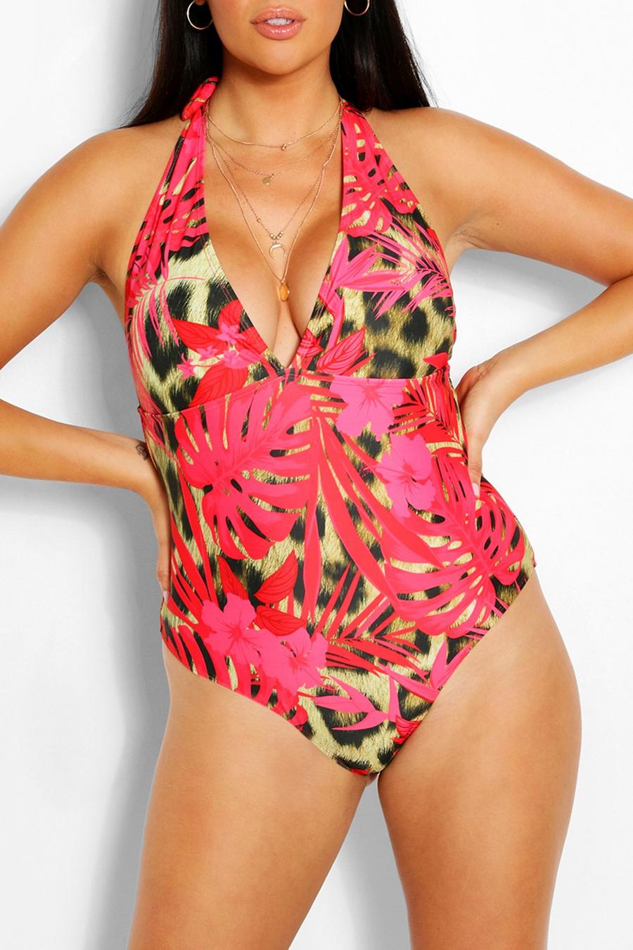 Red Plus Tropical Control Halterneck Swimsuit image number 1