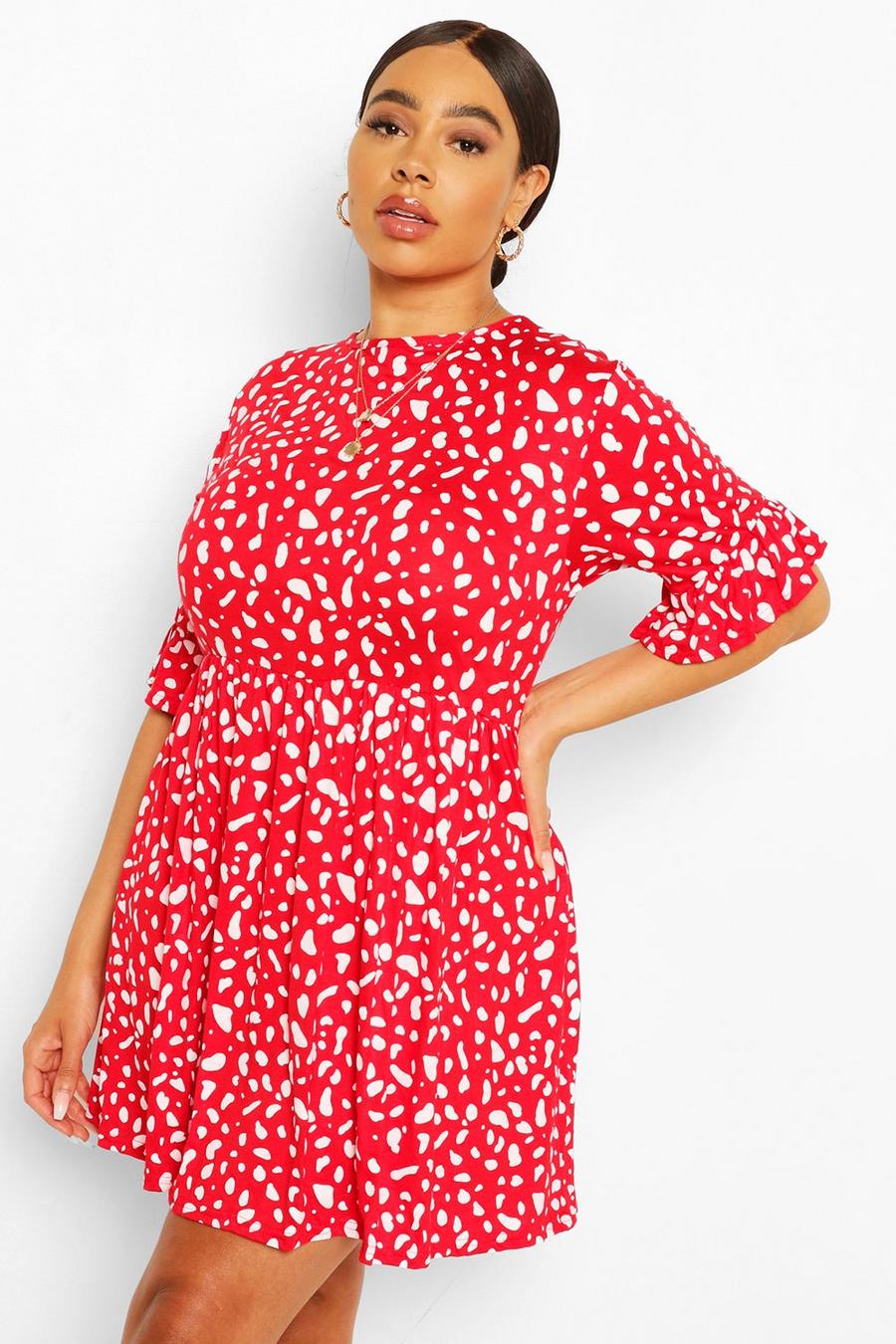 Red Plus Smudge Spot Ruffle Smock Dress image number 1