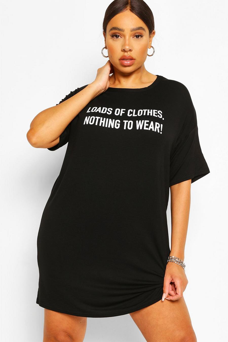 Plus T-Shirt-Kleid mit „Nothing To Wear“-Slogan, Schwarz image number 1