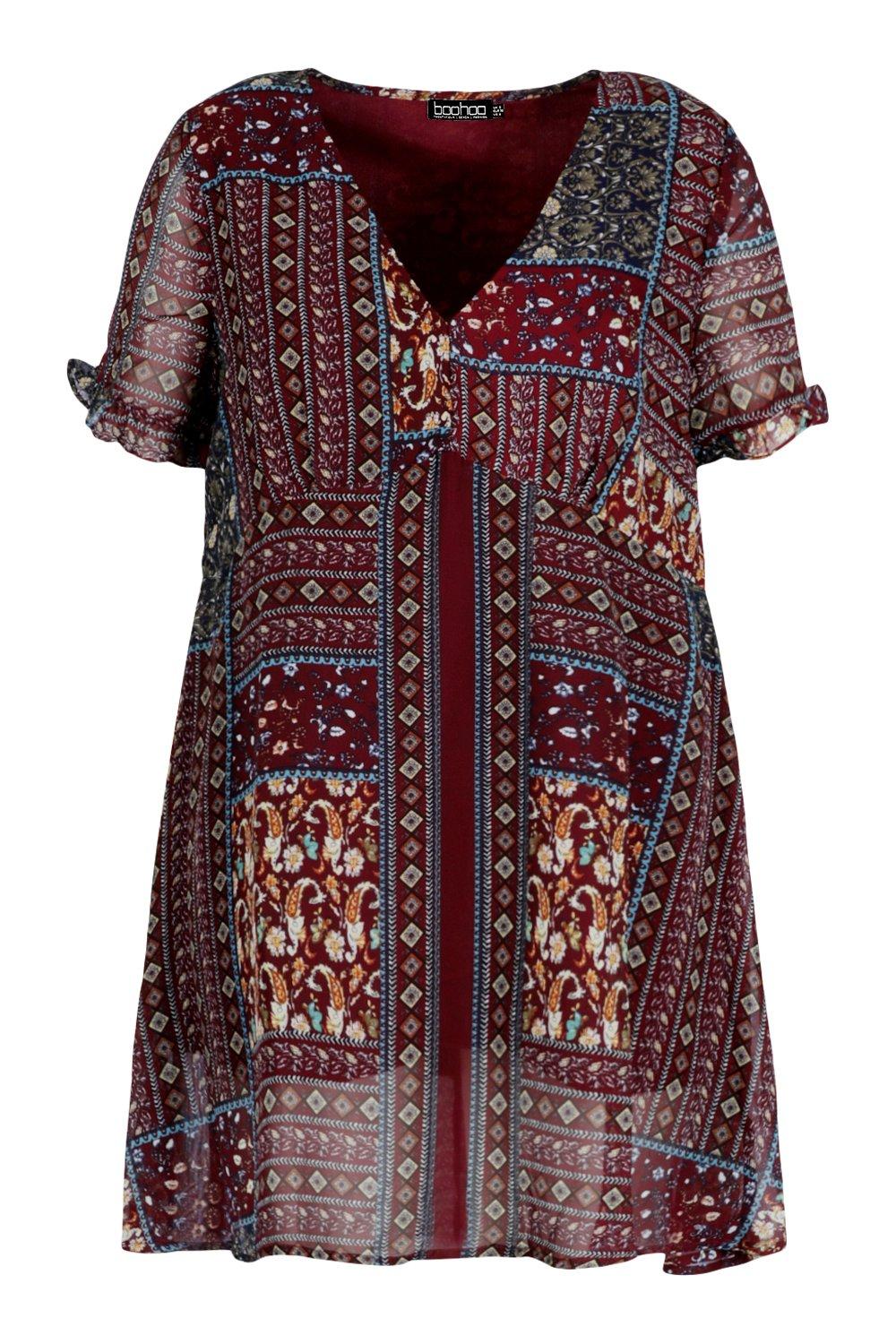 Plus Boho Aztec Ruffle Smock Dress