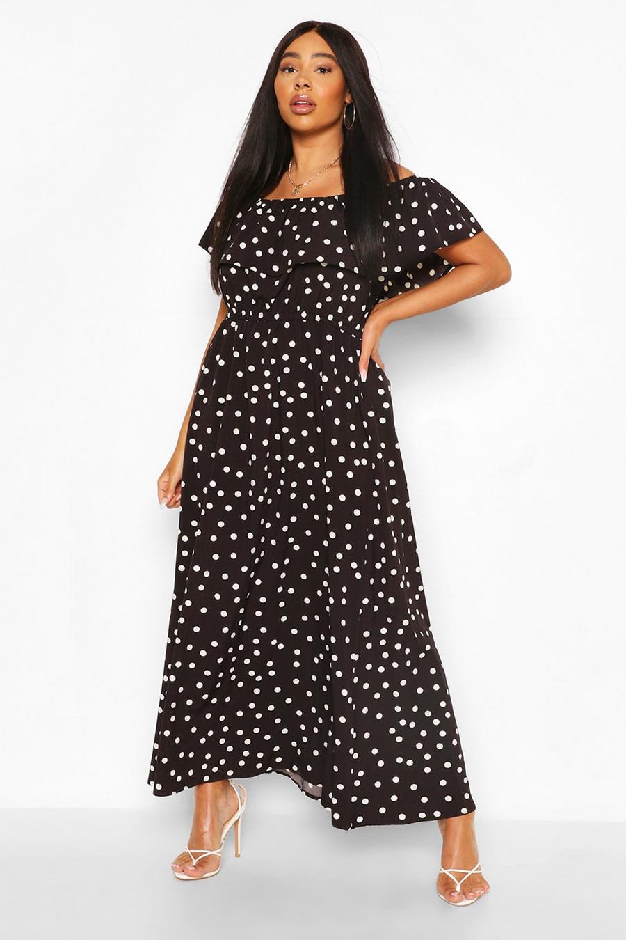 Black Plus Polka Dot Bardot Ruffle Maxi Dress image number 1