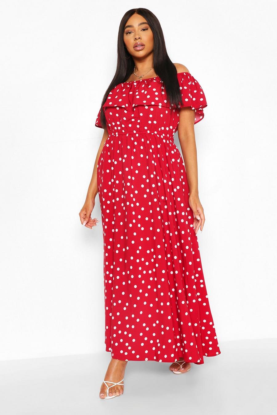 Red Plus Polka Dot Off The Shoulder Ruffle Maxi Dress image number 1