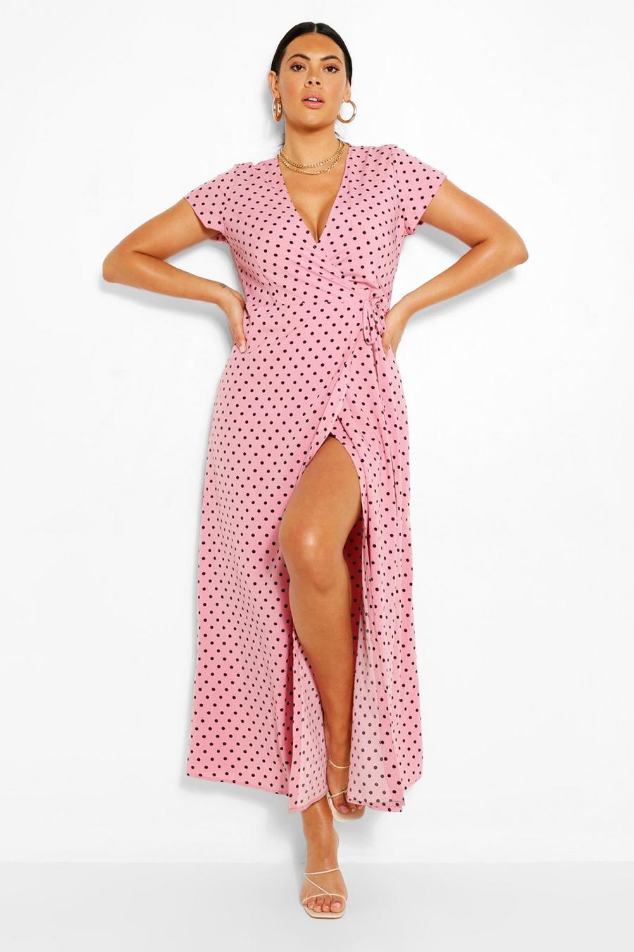 Blush rosa Plus Polka Dot Wrap Maxi Dress image number 1