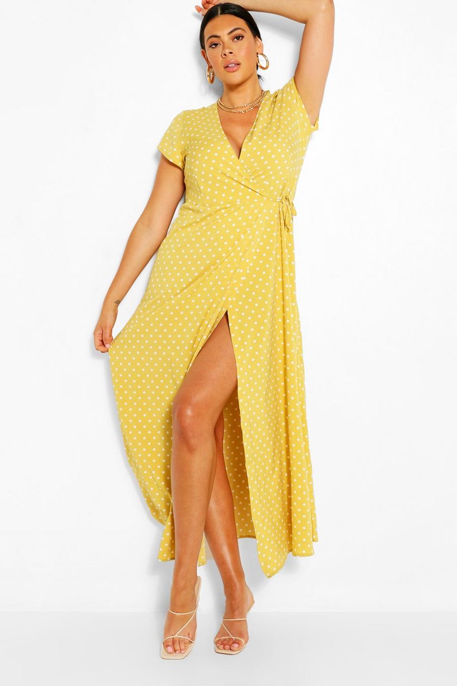 Yellow jaune Plus Polka Dot Wrap Maxi Dress
