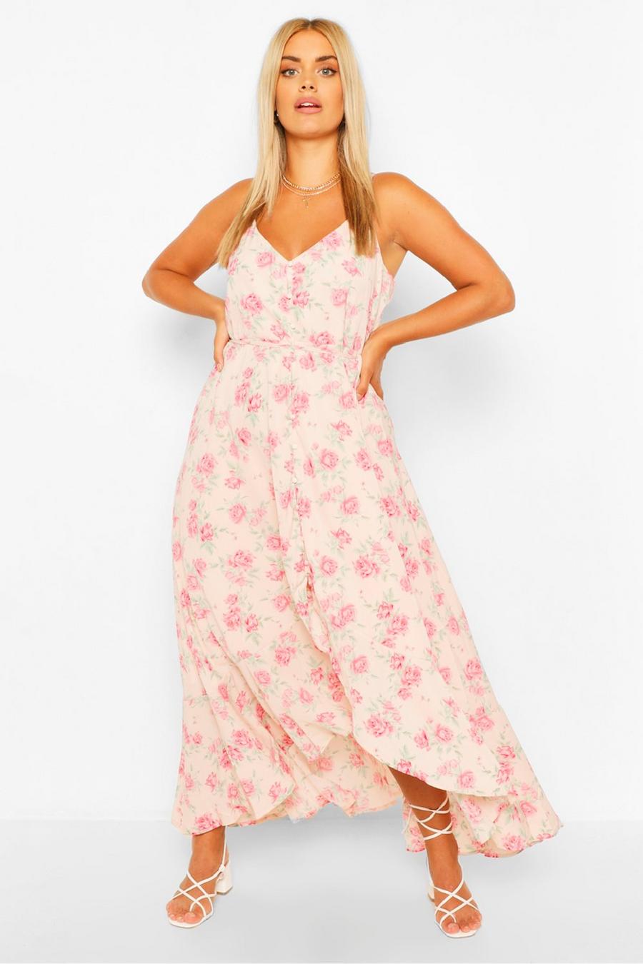 Blush pink Plus Floral  Ruffle Tie Waist Maxi Dress image number 1