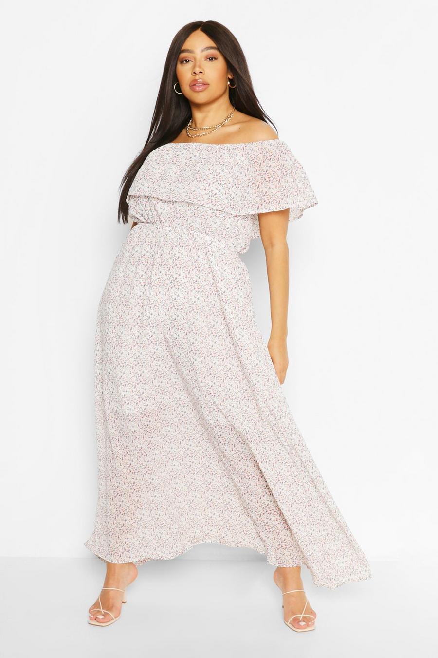 Ivory white Plus Floral Ruffle Off The Shoulder Maxi Dress