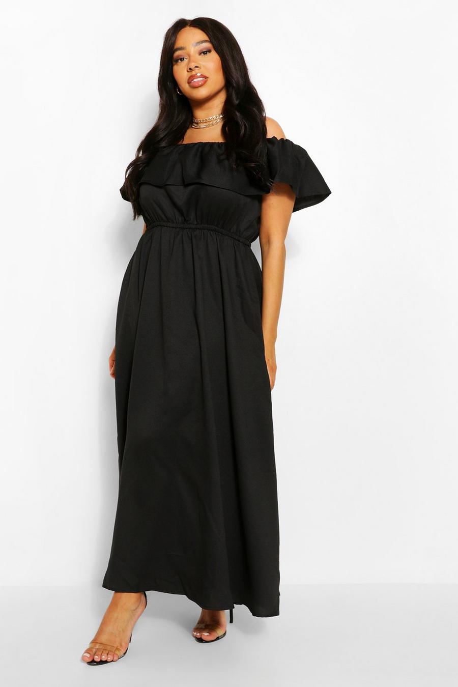 שחור שמלת מקסי חשופת כתפיים עם מלמלה, מידות גדולות