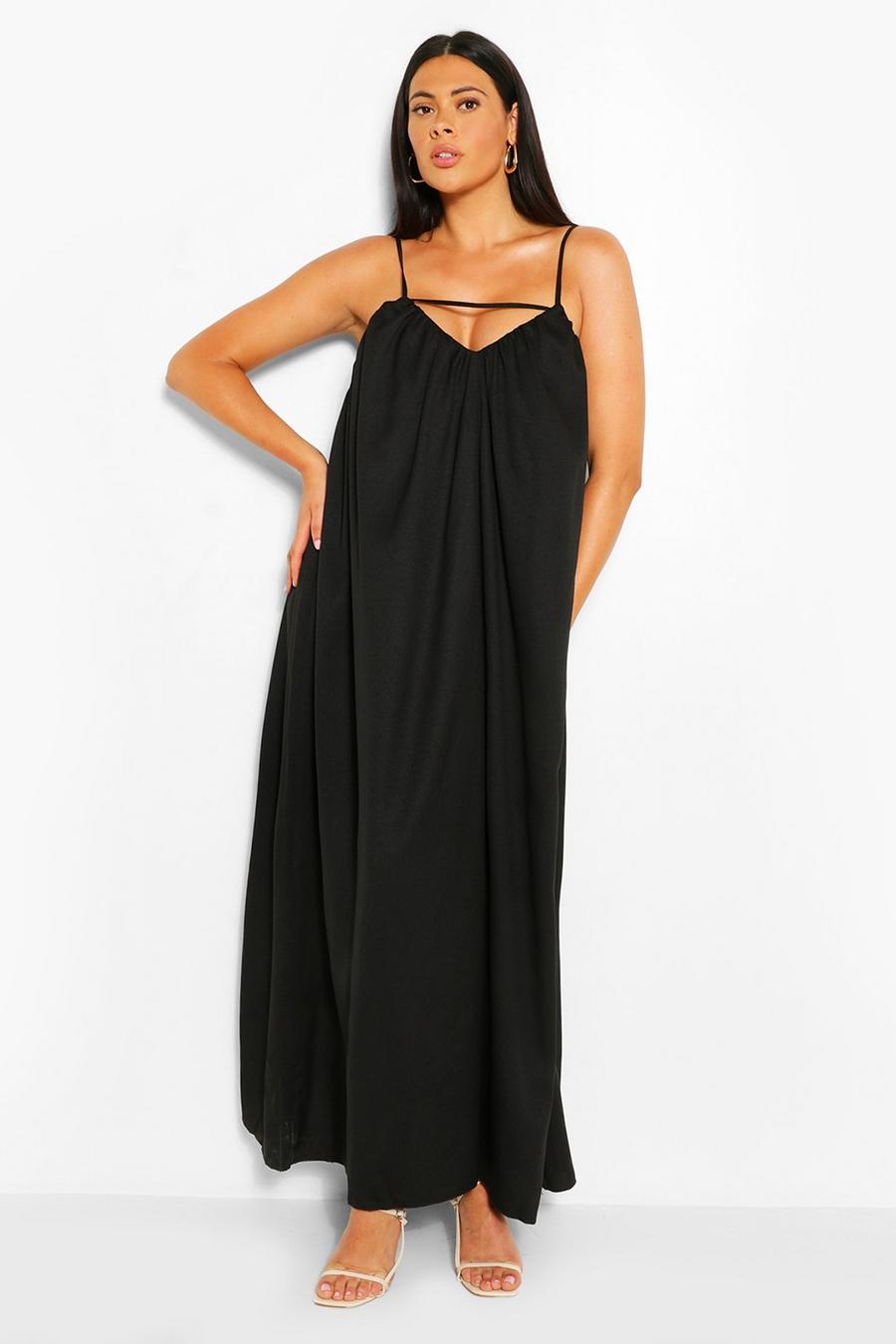 Black שמלת מקסי עם חתכים וכתפיות דקות למידות גדולות image number 1