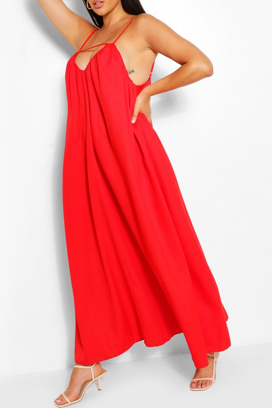 אדום rojo שמלת מקסי עם חתכים וכתפיות דקות למידות גדולות