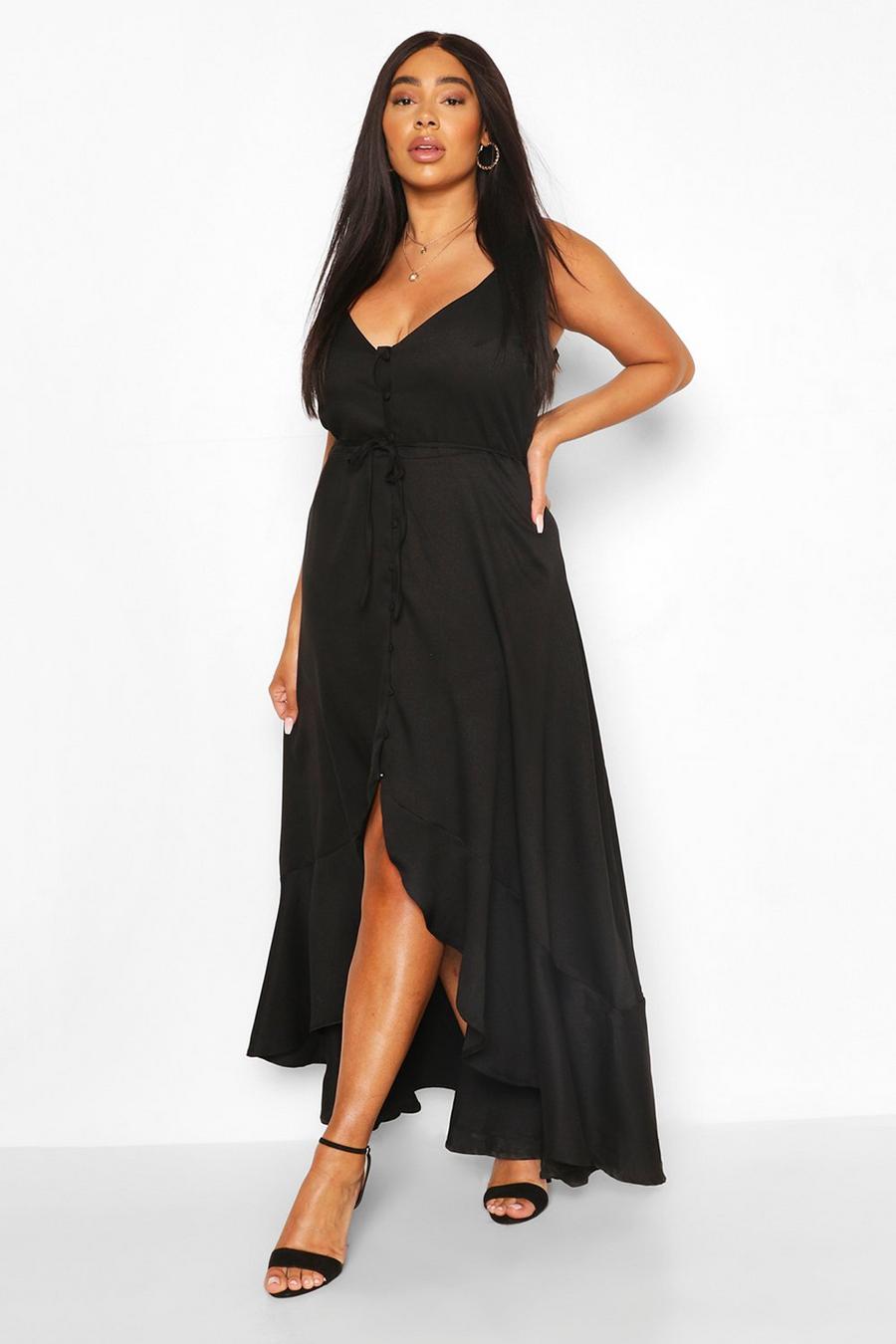 Black Plus Ruffle Tie Front Strappy Maxi Dress image number 1