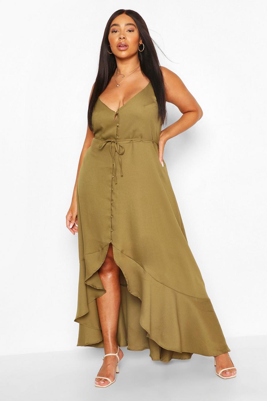 Khaki Plus Ruffle Tie Front Strappy Maxi Dress image number 1