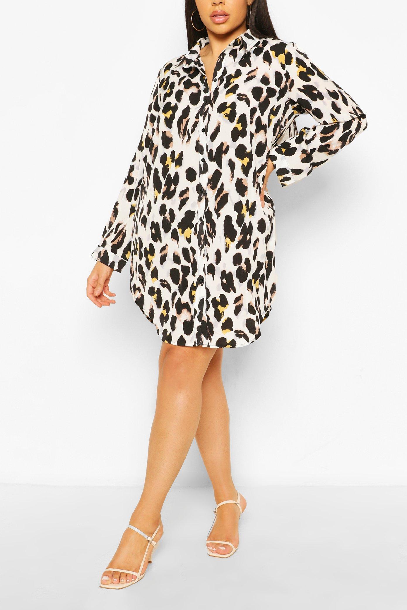 leopard print satin shirt dress