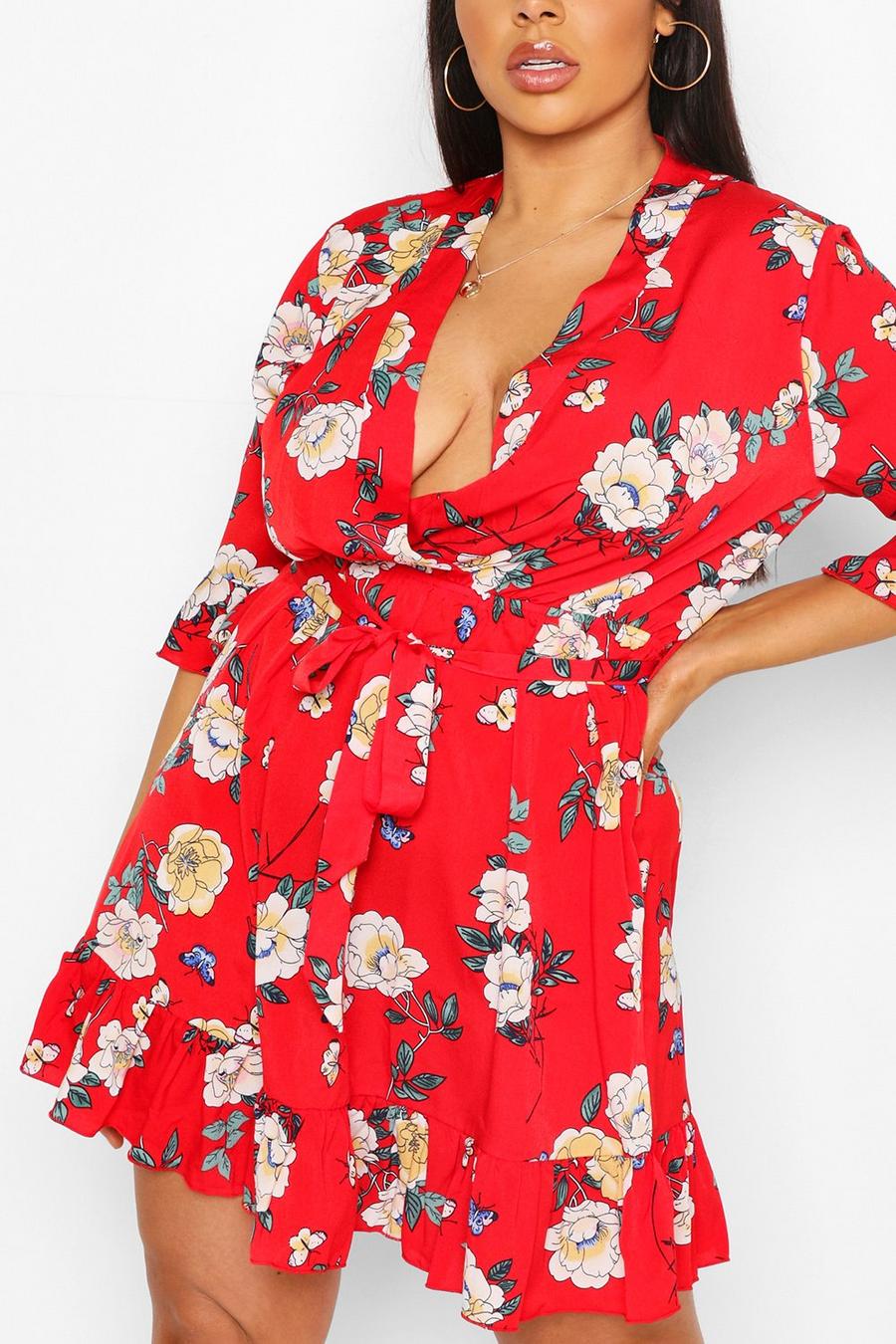 Plus Floral Printed Ruffle Wrap Dress image number 1