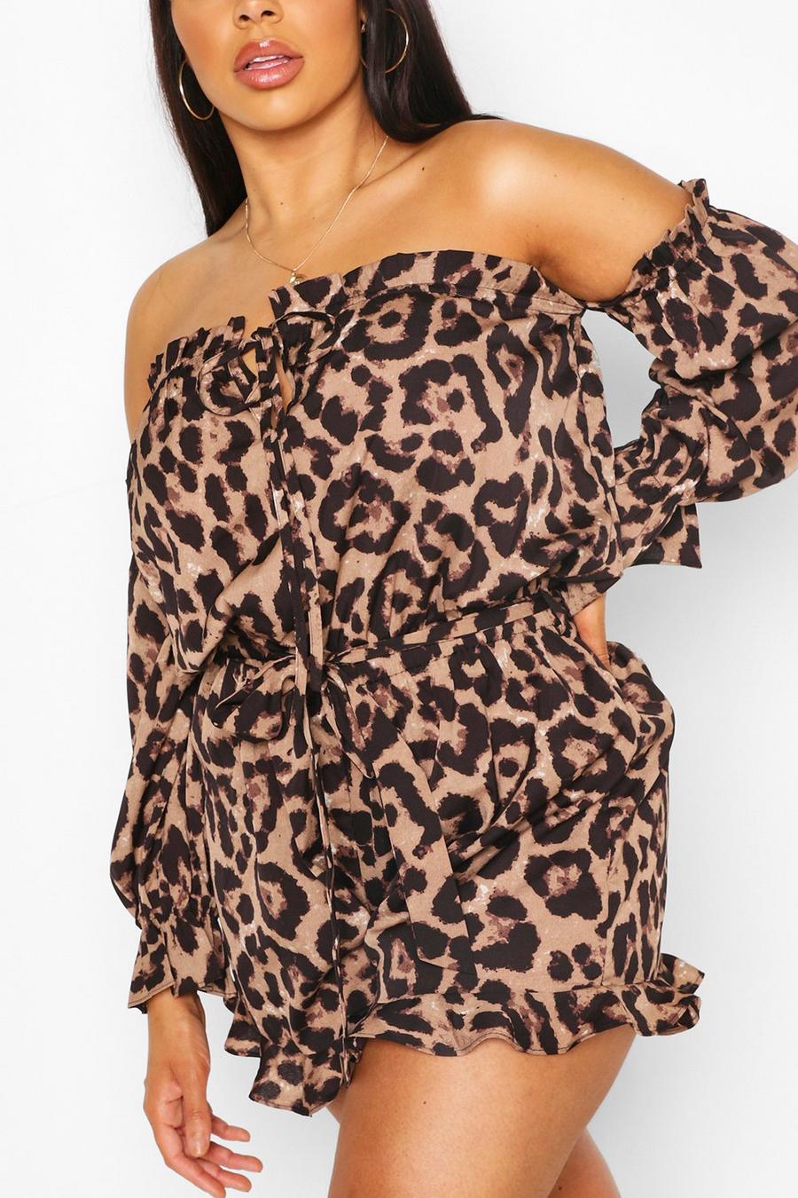Tan Plus - Off shoulder-playsuit med leopardmönster image number 1