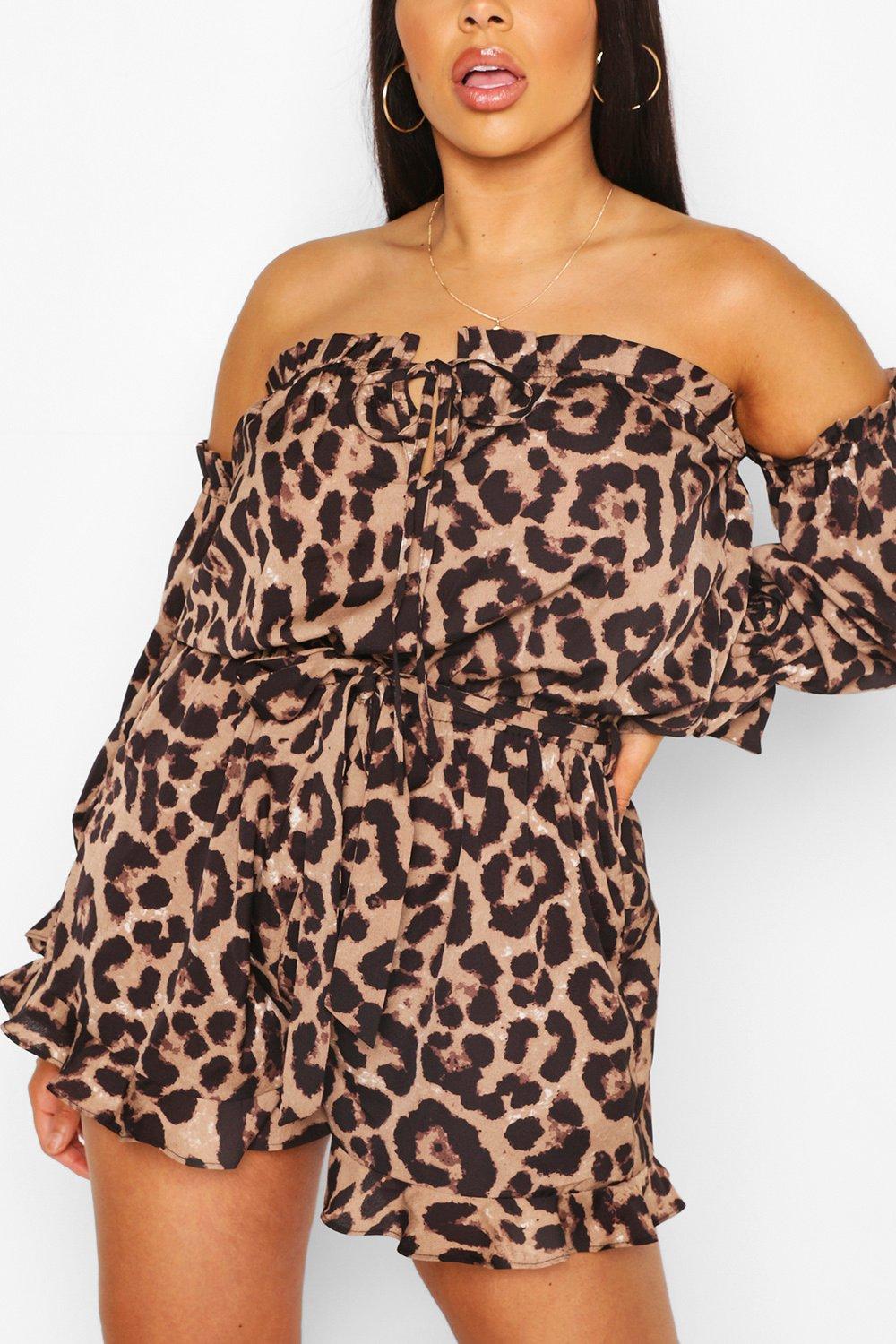 Plus Leopard Off The Shoulder Playsuit boohoo UK