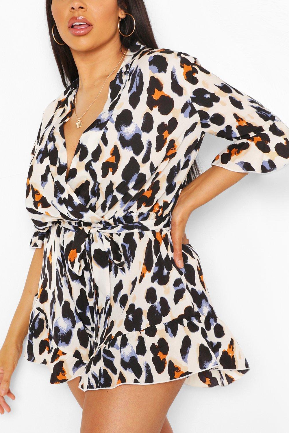 boohoo satin ruffle wrap dress in leopard