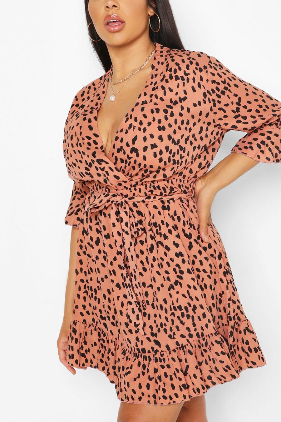 Tan Plus Smudge Spotty Ruffle Wrap Playsuit image number 1